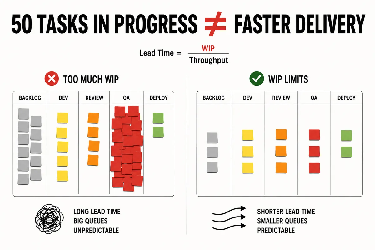 Two delivery pipelines compared under Lead Time = WIP / Throughput: without limits, tasks pile up in QA and lead time grows unpredictable; with WIP limits, every stage holds a few tasks and work flows through predictably